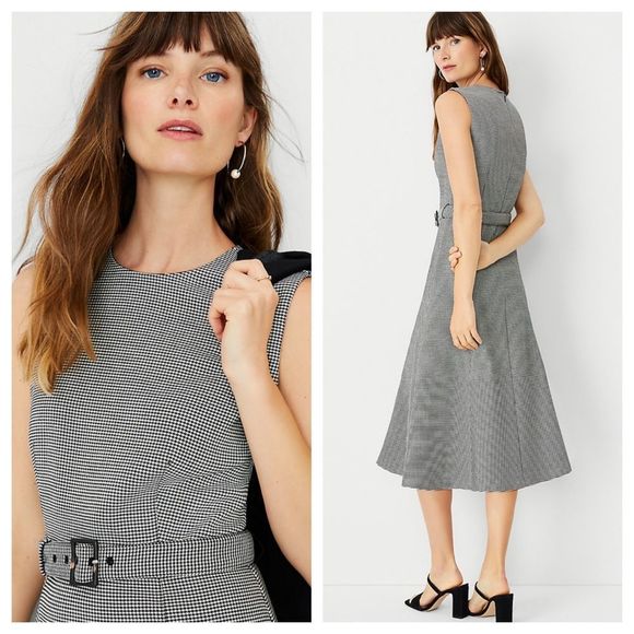 Ann Taylor 00P Houndstooth Belted Midi Sheath Dress - Picture 2 of 2